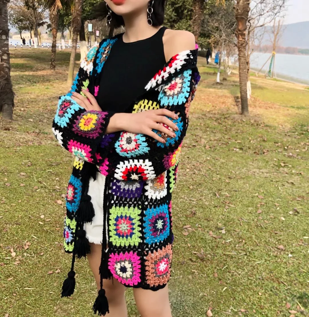

Bohemian Crochet Knitted Women Beach Cover Ups Colorful Plaid Casual Coat 2023 Summer Vacation New Popular Tassel Hook Cardigans
