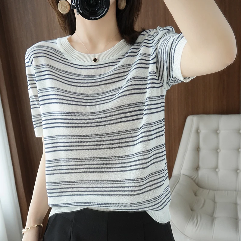 Women's T Shirt Summer 100% Cotton Casual Striped Knit Sweater Short ...