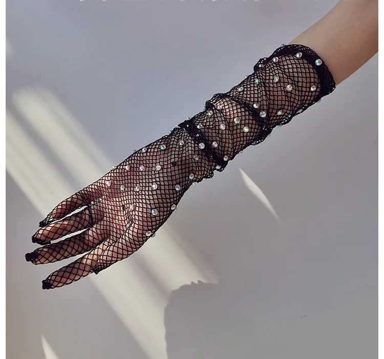 Sexy Elastic Black Mesh Gloves Rhinestone Fishnet Long Gloves