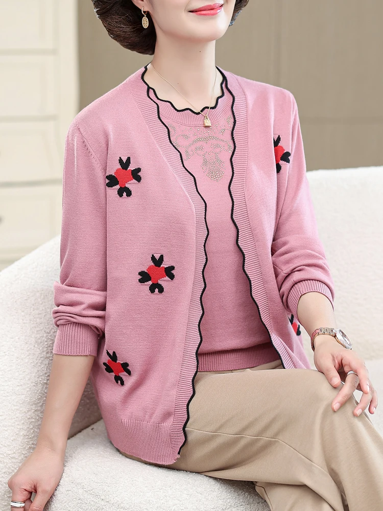 

3 Colors Two Pieces Sweater Women Autumn Spring Mother Pullover Pull Femme Embroidery Cardigan + Short Sleeve Top Sets