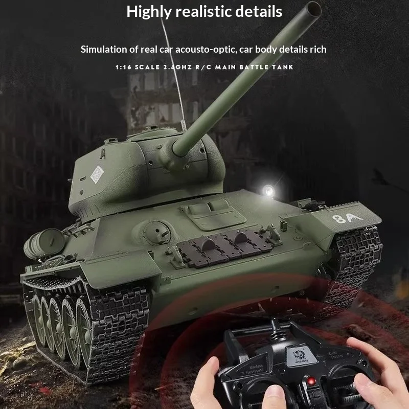 헝롱 무선 조종 T-34 탱크 1:16 스케일 2.4GHz 금속 전동 4륜 구동 오프로드 배틀 장난감 (연기 효과 포함) 성인 및 남아용