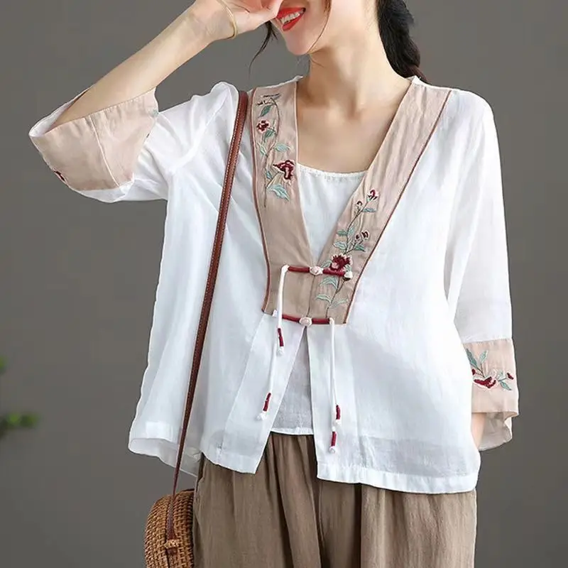 New cotton linen vintage cheongsam blouse traditional chinese tea clothing flower embroidery women hanfu oriental tang suit