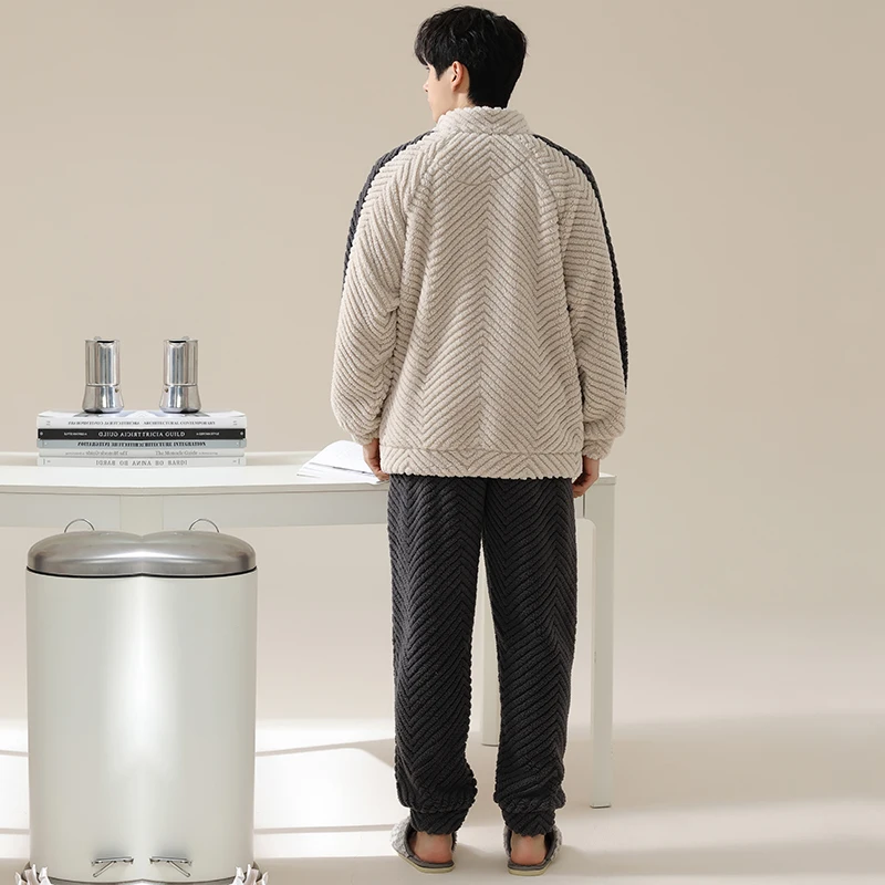 Newest Men Pajamas Set Winter Thicken Warm Flannel Pyjama Male Long Sleeve Sleepwear Casual Pyjama