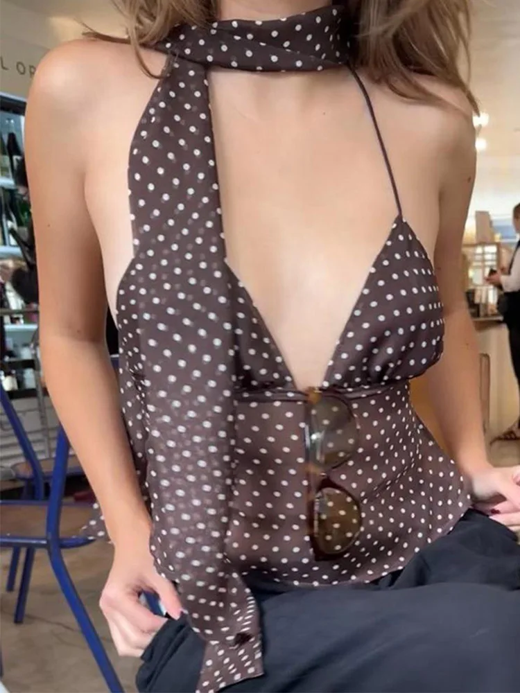 Summer Y2K Women's Sleeveless Vest Polka Dot Print Spaghetti Strap Camisole with Scarf Vintage Streetwear Top 4