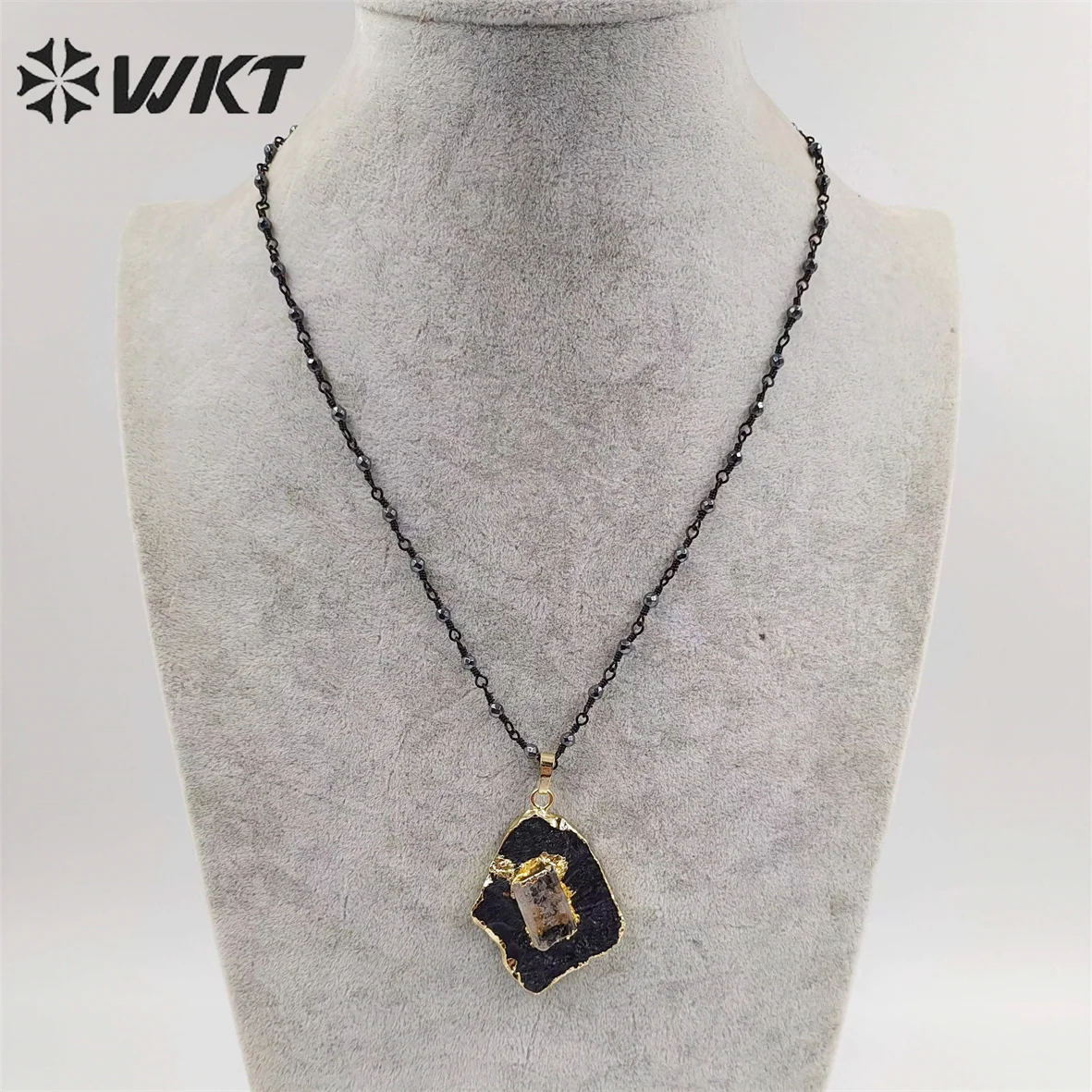 WT-N1088 Lucky Naural Black meteorite necklace women natural energy hematite beads rosary chain stone necklace