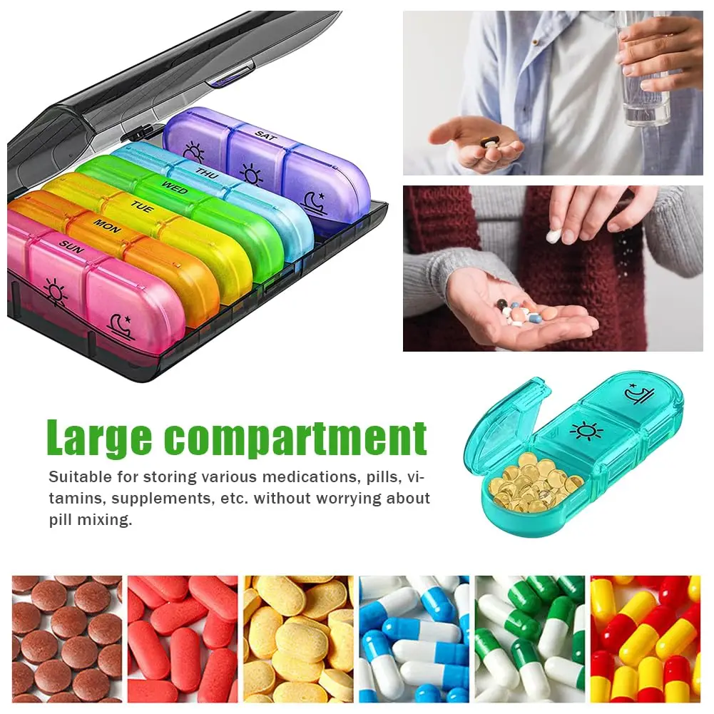 Weekly Portable Pill Box 7 Days with 3 Separate Compartments for Medications Vitamins Compartments Medicine Organizer First Aid