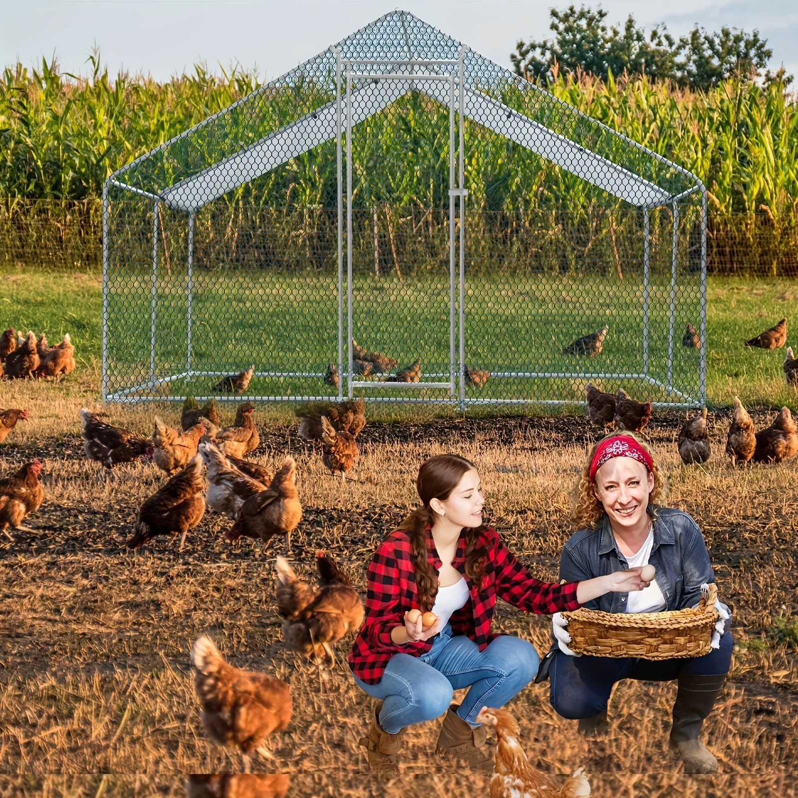 

Large Metal Chicken Coop Walk-in Poultry Cage, Chicken Run Pen Rabbit Duck House With Waterproof And Anti-UV Cover For Outdoor F