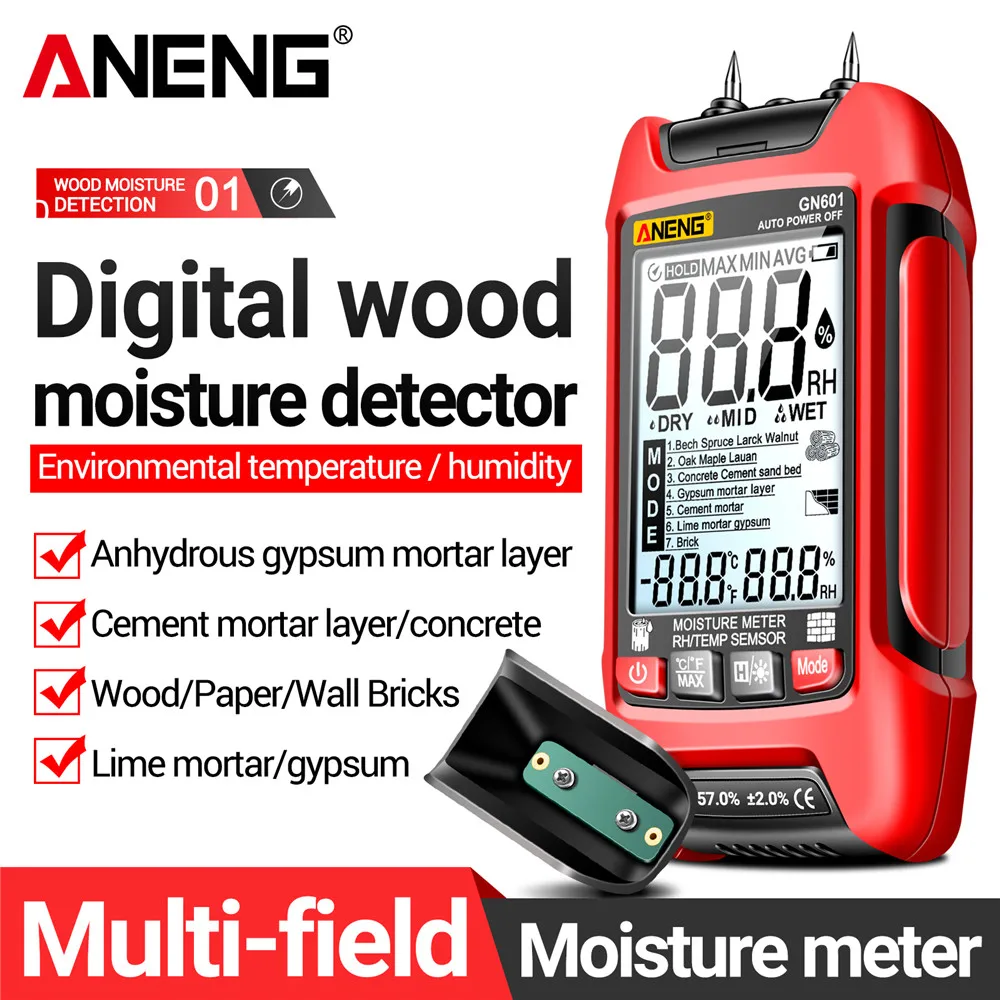 

ANENG GN601 0~99.9% Timber Hygrometer 20.5% RH Display Wood Moisture Meter Multiscene Measure Temperature Humidity Probe Testers