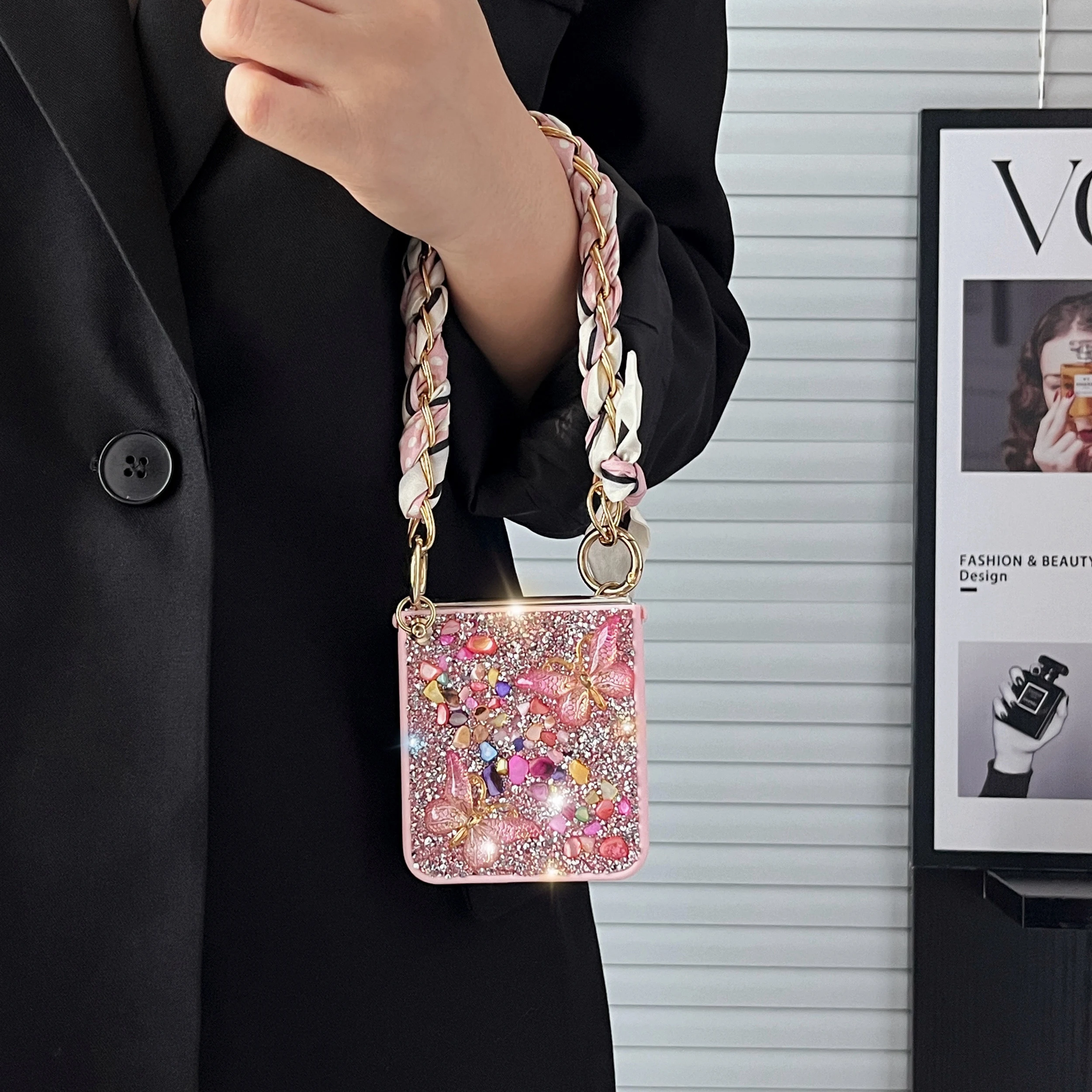 Custodia per telefono con glitter e pietra di diamanti con farfalla colorata per ragazza carina per Samsung Galaxy Z Flip 3 4 5 6_voghion.com