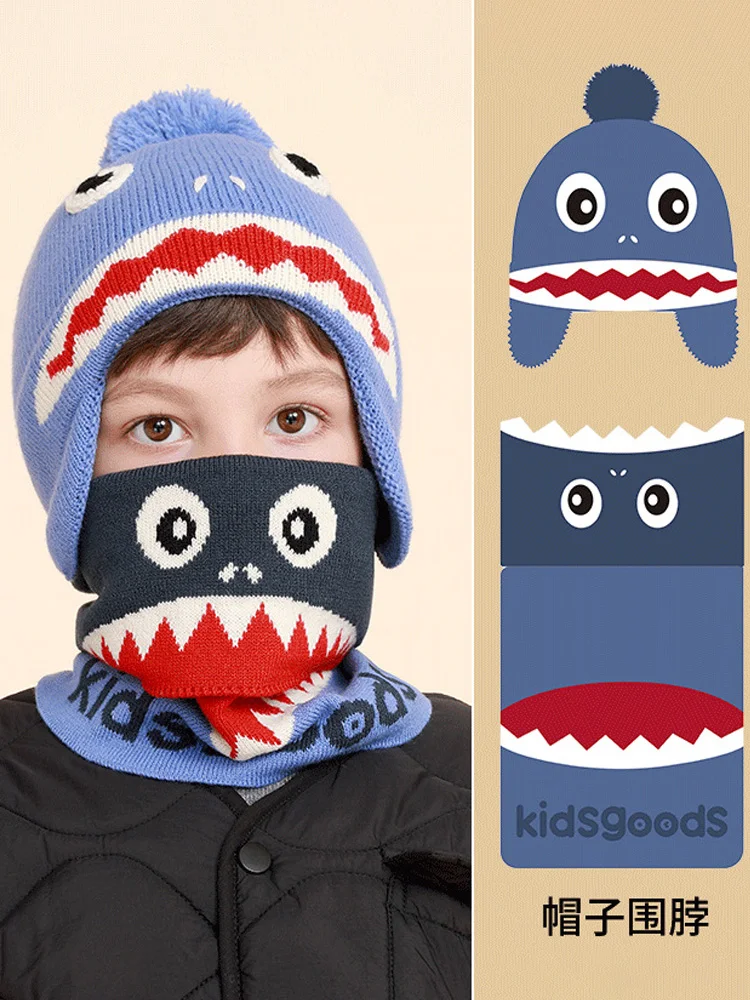 Boys' warm hat and scarf two-piece set outdoor children's cartoon plus velvet knitted hat and scarf set available for