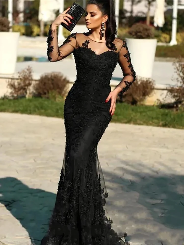 

Long Sleeve Black Sheer Neck Lace Appliques Mermaid Backless Formal Wedding Guest Evening Prom Dresses Summer 2023