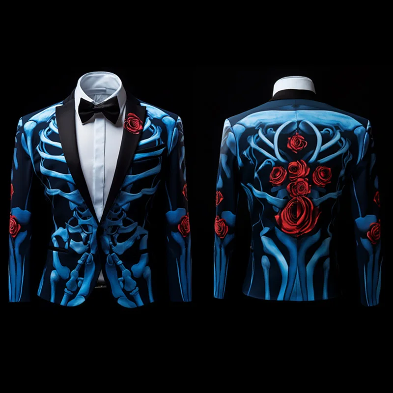 Men's digital printing Skeleton terror suit Cosplay party stage clothes nightclub performance coat Blazers Jacket