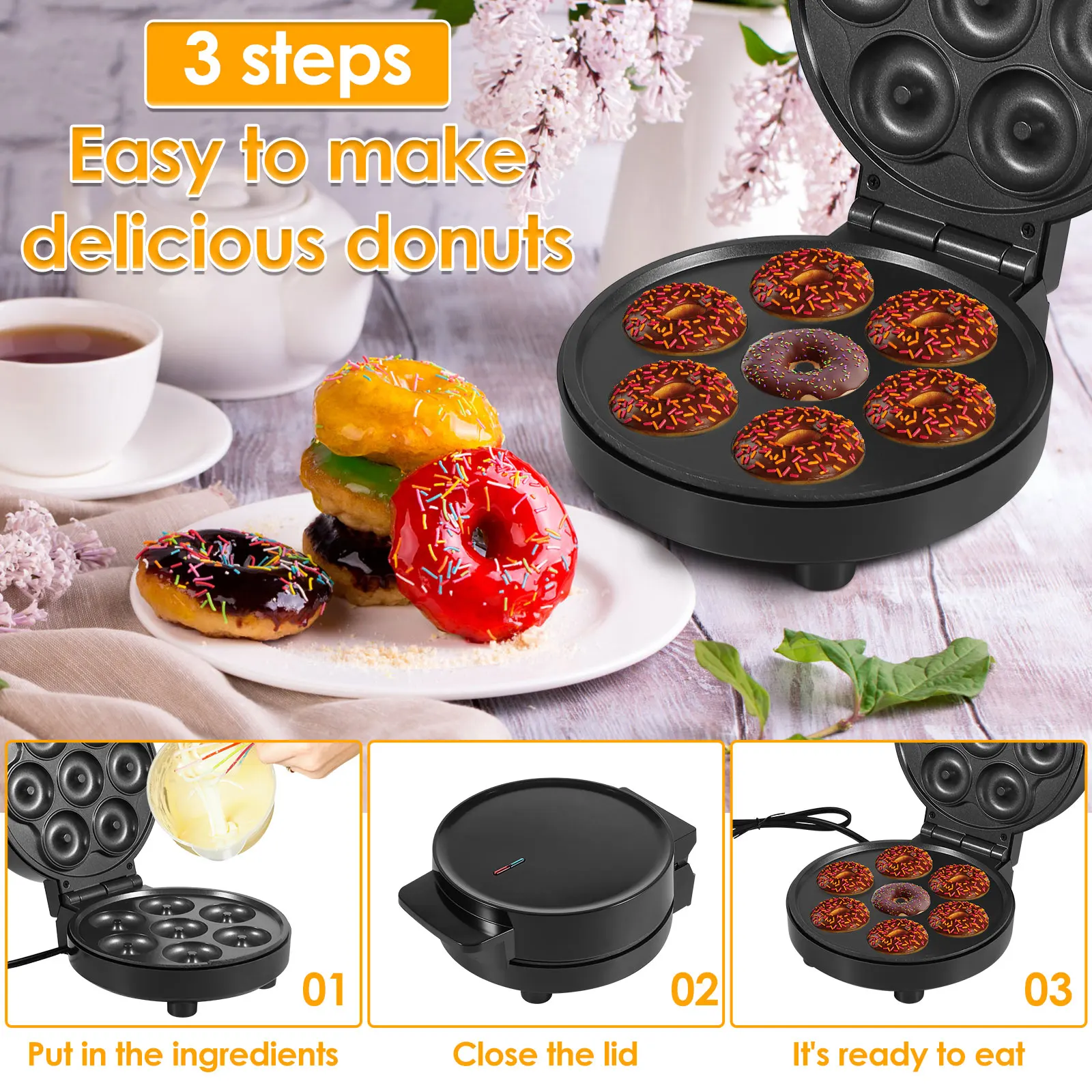 1Piece 1000W Non-Stick Coated Kitchen Donut Maker Kids Snacks Desserts  Breakfast Makes 7 Donuts