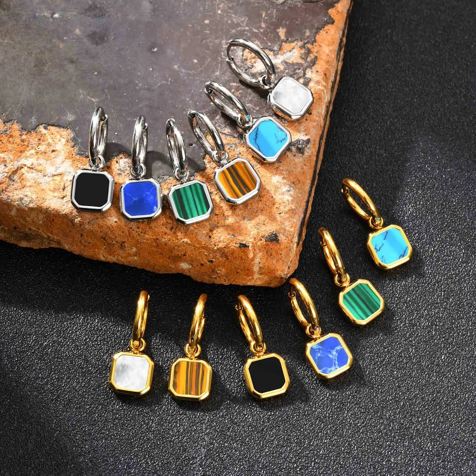 Stylish Men's Huggie Hoop Earrings,Trendy Natrual Stone Stainless Steel Square Ear Drop,Luxury Birthday Party Anniversary Gift