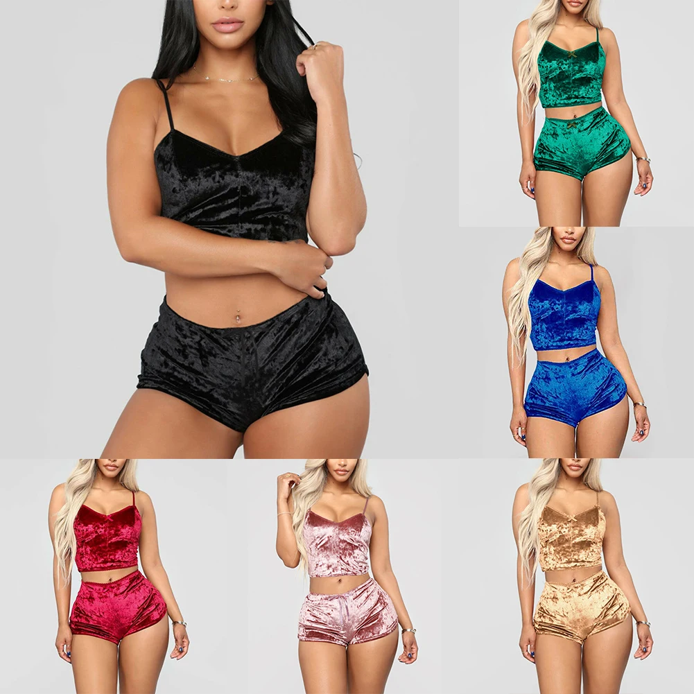 Frauen Sexy Dessous Set Öl Glänzende Nachtwäsche Super Weiche Kurze Nachtwäsche Ärmel Crop Tops Solide Shorts Pyjamas Set Casual Wear – Detail 2