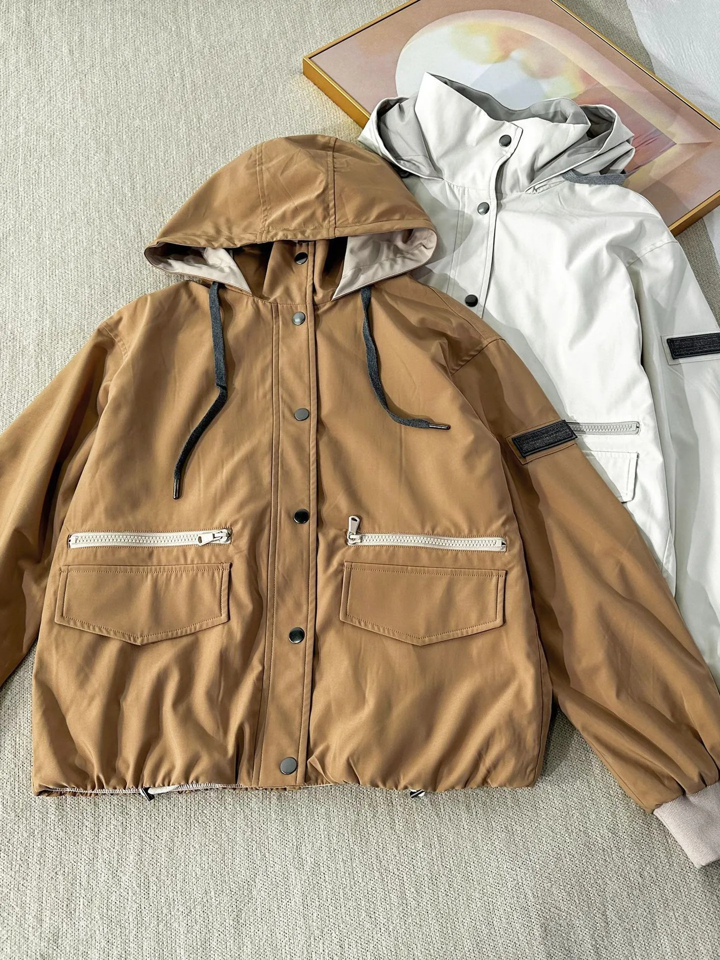 

Women's Solid Color Single-Breasted Hooded Jacket 2023 Autumn Elastic Hem Drawstring Pocket Lady Long-Sleeved Zipper Coat