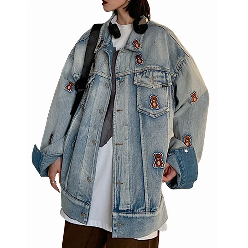 

Bear Embroidery Women's Denim Jackets Vintage Loose Streetwear Basic Coat For Women Turn Down Collar Casual Jacket Female 2023