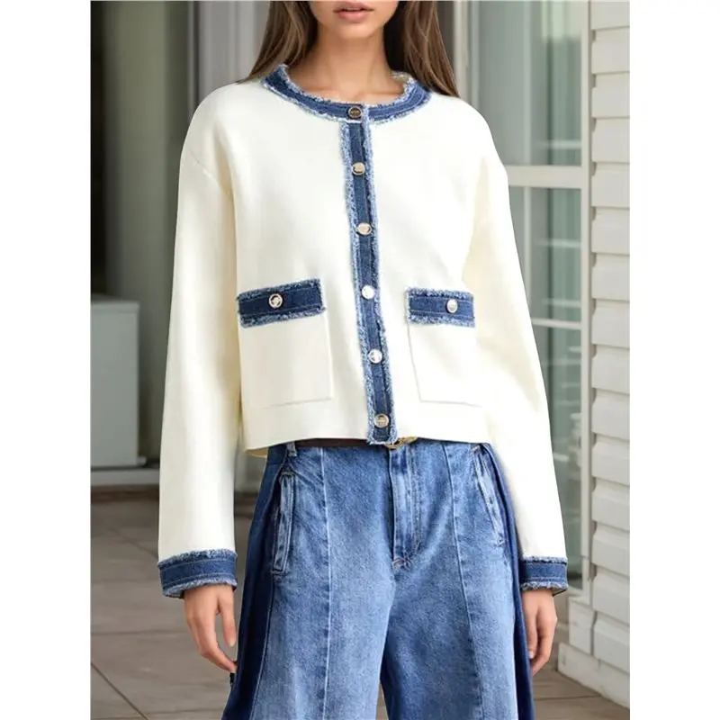 ABJO-여성용 패치워크 데님 포켓 가디건 가을 겨울 아우터웨어 긴 소매 버튼 다운 두꺼운 니트 스웨터 코트