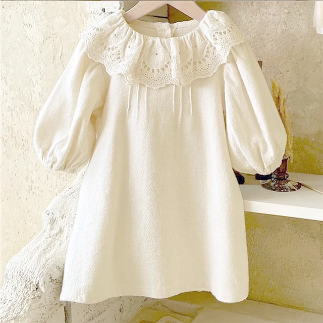 Robe décontractée en dentelle à volants pour filles, tenue d'automne à manches longues, blanche, vêtements à la mode pour enfants en bas âge 1