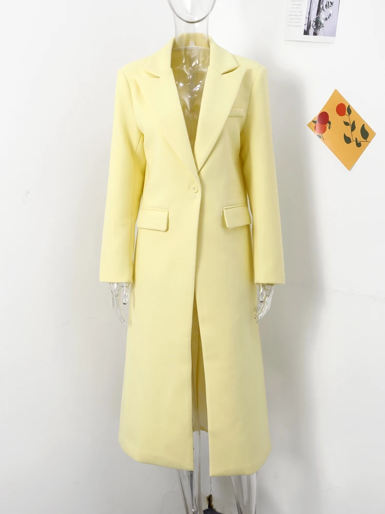 Fashion Yellow Woolen Long Coats For Women Loose Lapel Long Sleeve One Button Solid Coat 2025 Autumn Winter Elegant Streetwear 4