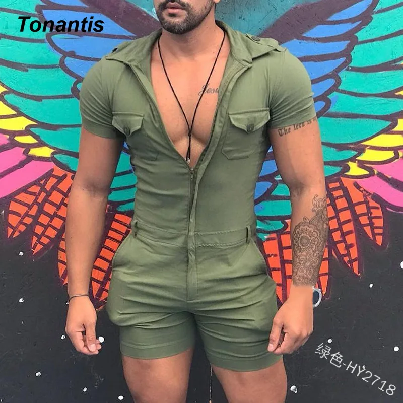 Fashion Cotton Men's Jumpsuit Summer Zipper Solid Color Short Sleeve Overalls Casual Streetwear Work Men's Bodysuit Y2K Clothing