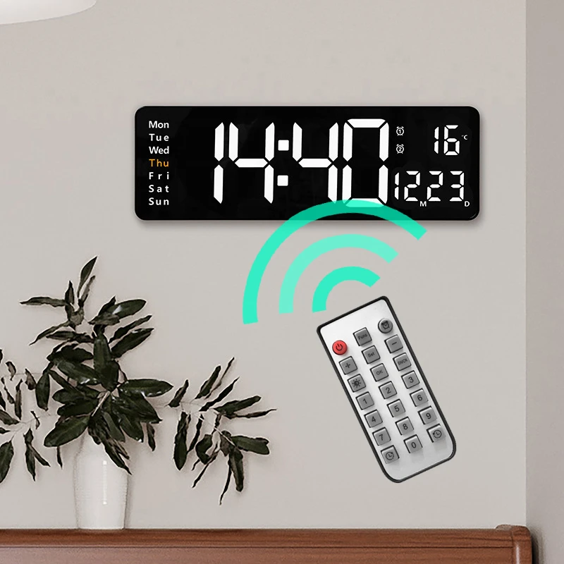 Large Digital Display LED Wall Clock Remote Control Time Date Week Temperature Digital Display Clock Timing Function Wall Mount modern wall clock