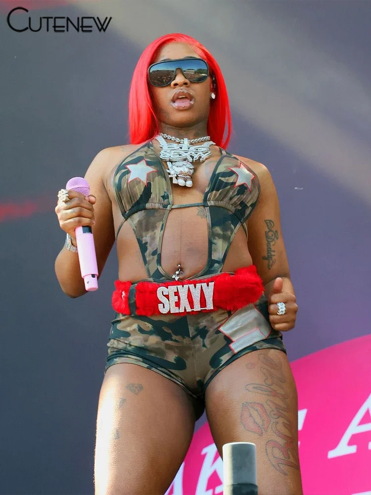 Monos con estampado de camuflaje para mujer, de verano, con cuello halter, espalda descubierta, escote en V, cinturón con hebilla, monos sexis con paneles, ropa de fiesta para discoteca para mujer