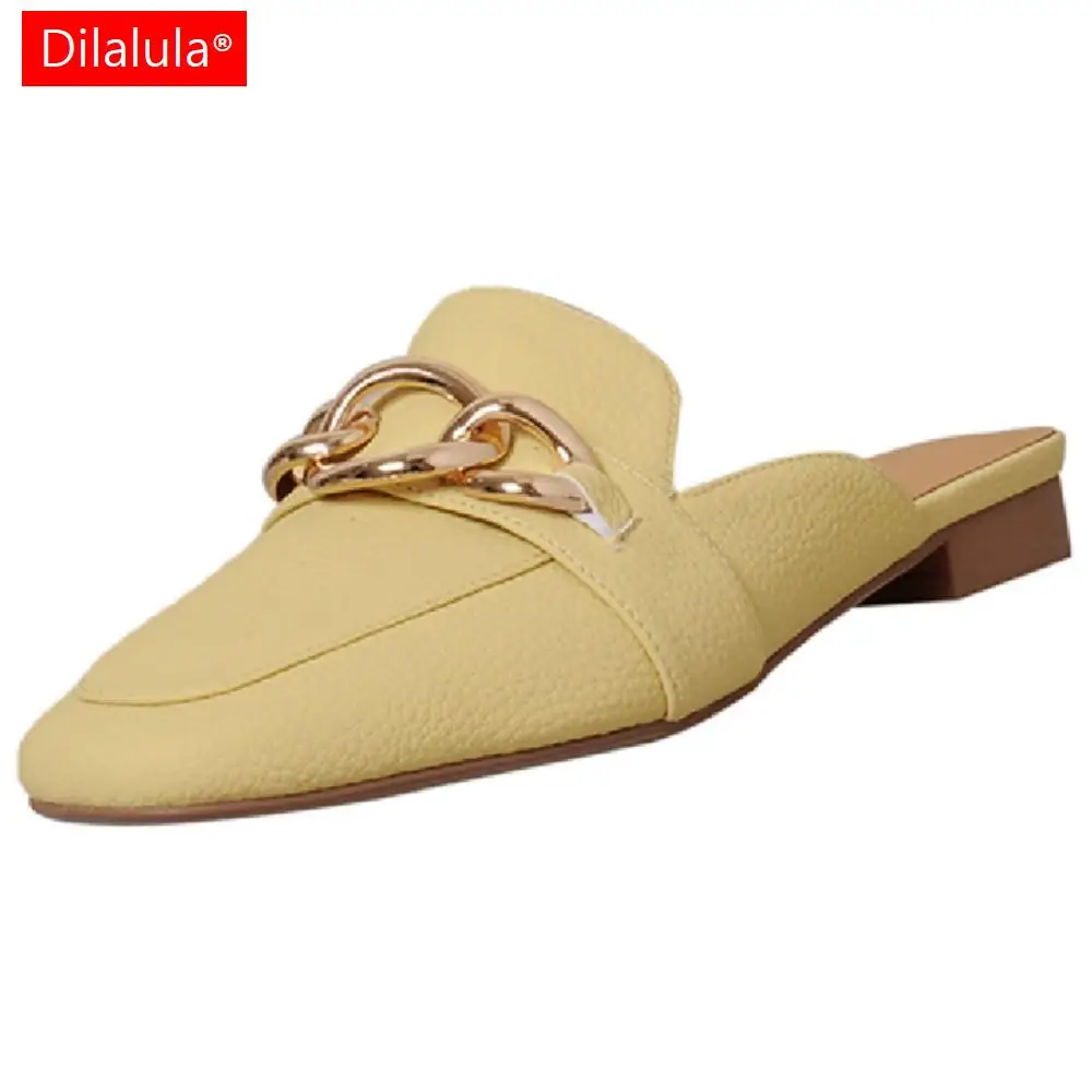 

Dilalula Spring Summer Women Sandals Quality Genuine Leather Slippers Low Heels Square Toe Metal Chain Office Casual Shoes Woman