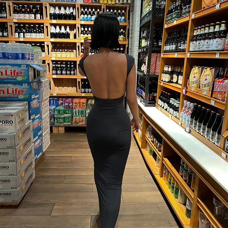 Hot Backless Black Dress - Sleeveless Patchwork High Waist Solid Long Dress