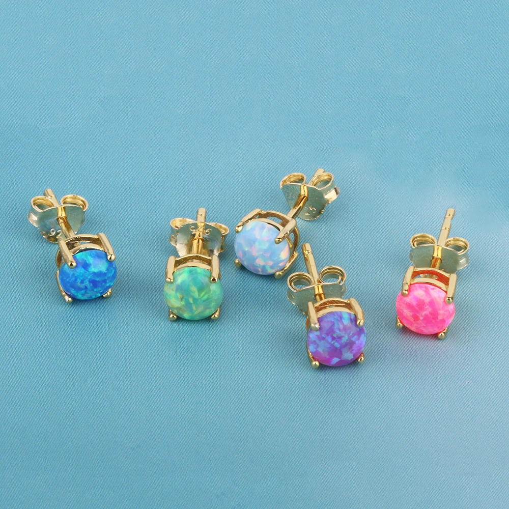 2024 Trendy 925 Silver Stud Earring 6mm Round Gemstone Opal Silver Ear Piercing