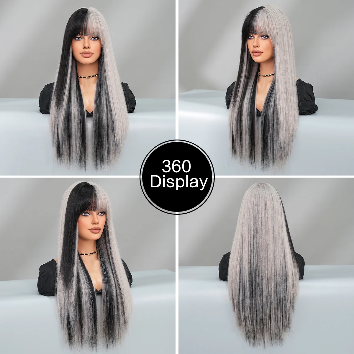 NAMM Long Body Straight Silver Ash Hair Wig With Bangs For Women Daily Party High Density Hair Ombre Wigs Heat Resistant Fiber