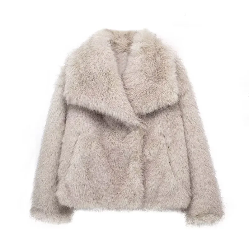 Women Fashion Cropped Faux Fur Jacket Coat Long Sleeve Front Snap Button Female Outerwear Chic Lapel Collar Thick Coat