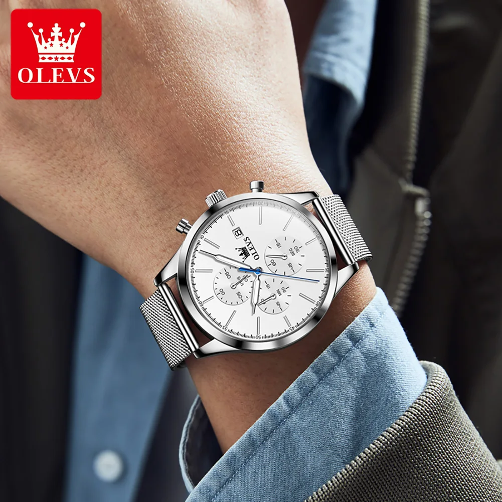 OLEVS Quartz Watch for Men Luxury Stainless Steel Mesh Belt Men's Watch Luminous Waterproof Chronograph  Wristwatch Reloj Hombre