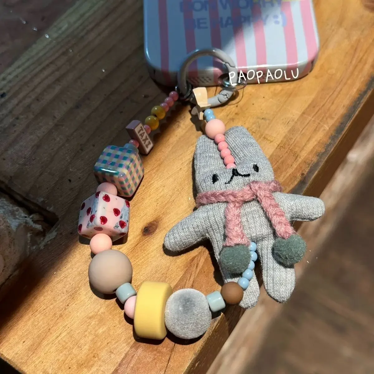 Handmade Rabbit Beaded Phone Strap Lanyard with Card Holder – Korean-Inspired Custom Design