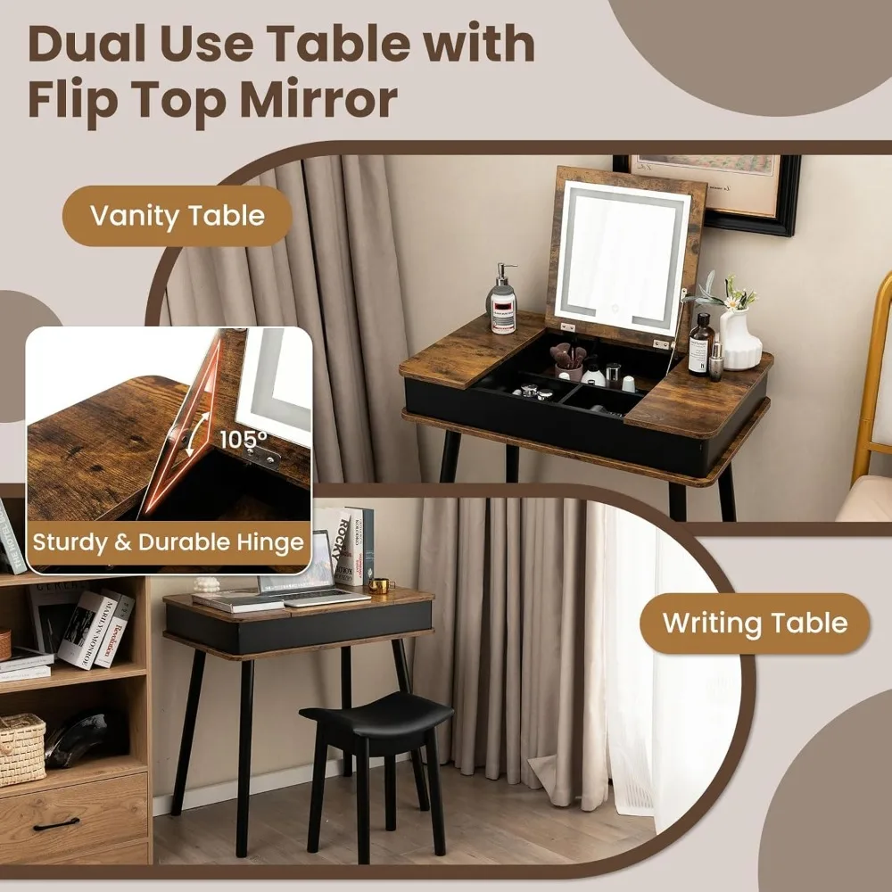 Vanity Desk w/ 3-Color Lighted Flip Top Mirror,7 Storage Compartments,Makeup Dressing Table Set Writing Desk w/ Cushioned Stool 4