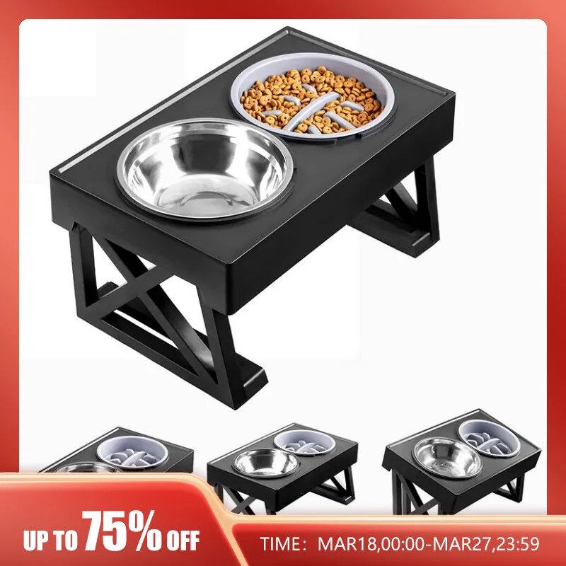 Dog Double Elevated Bowls Stand 3 Adjustable Height Pet Slow Feeding Dish Bowl Medium Big Dog Elevated Food Water Feeders Table