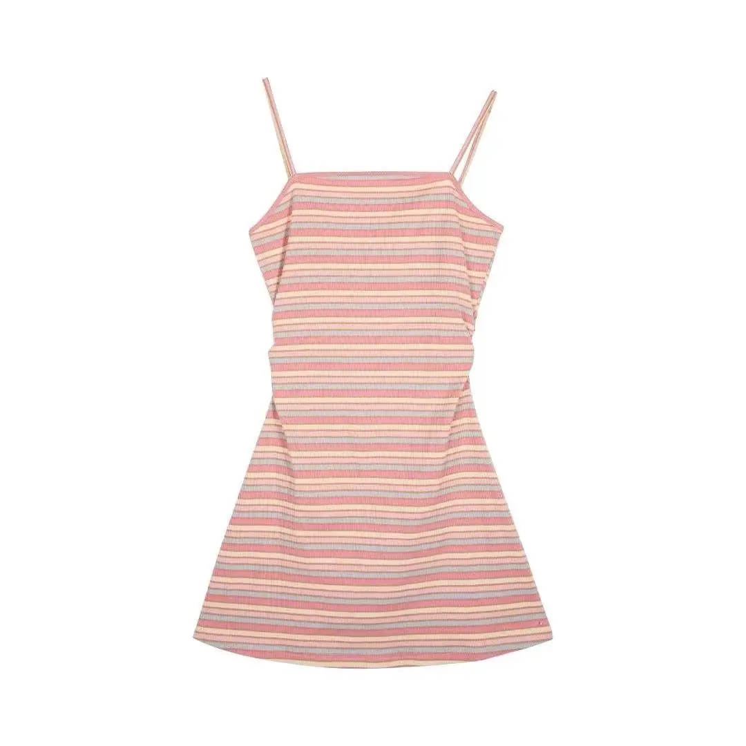 

Pink Striped Slip Dress Summer Korean Style New Sexy Knitted Short Dress Vacation Outfits for Women 2023