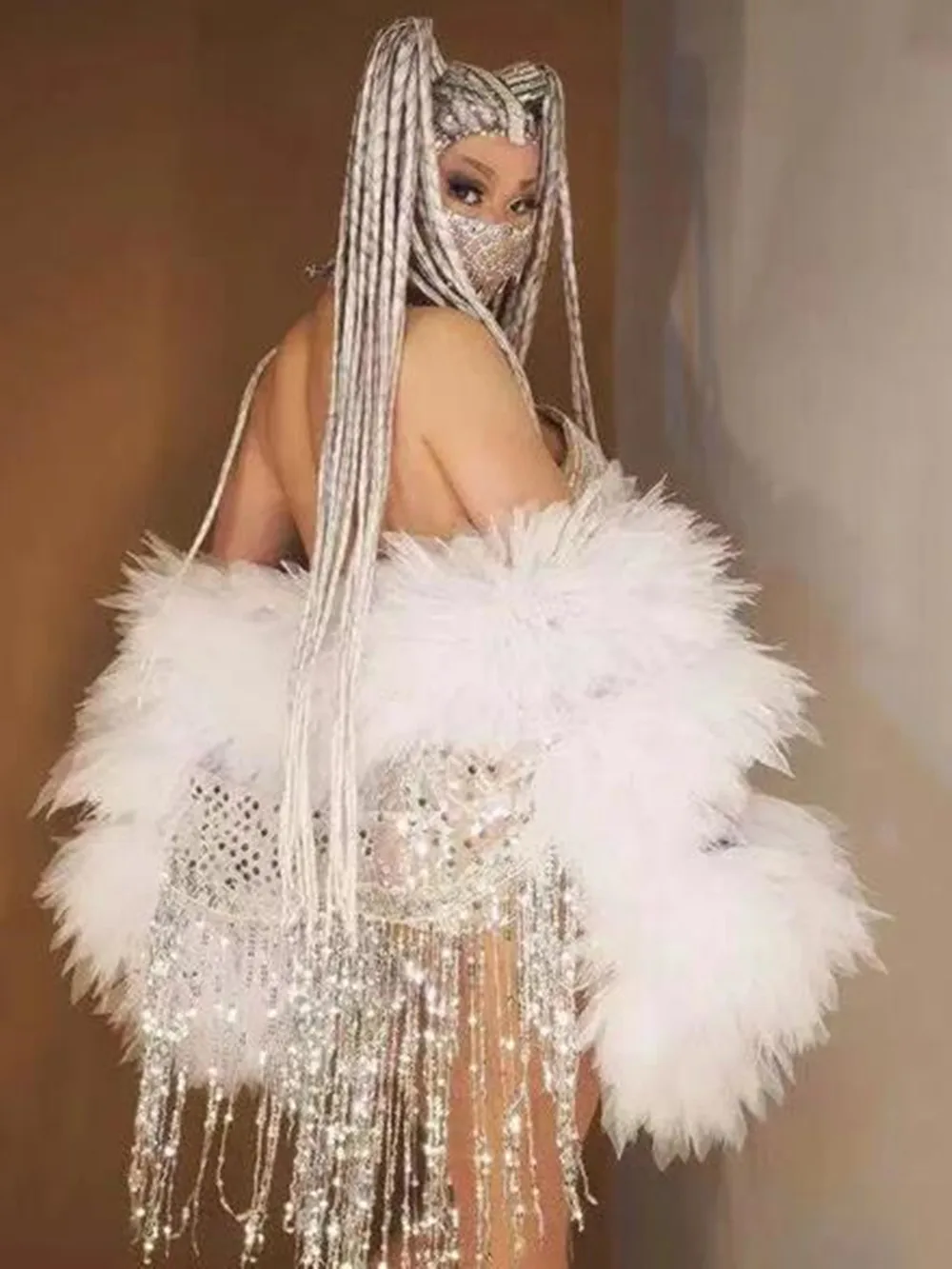 Shining Singer Costume Silver Sequin Fringed Bikini Luxury Fluffy Robe Birthday Outfits For Women Evening Party Stage Clothes