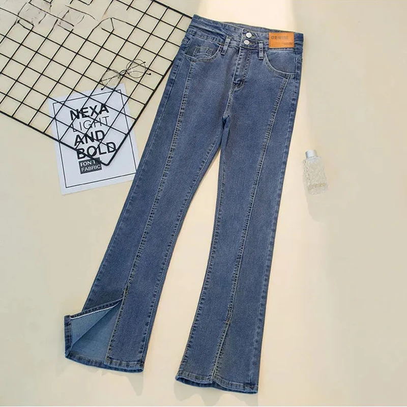 High Waist Skinny Split Flare Jeans Casual Korean Fashion Denim Pants Spring Fall Womens Slim Elegant Vaqueros Oversize 4XL