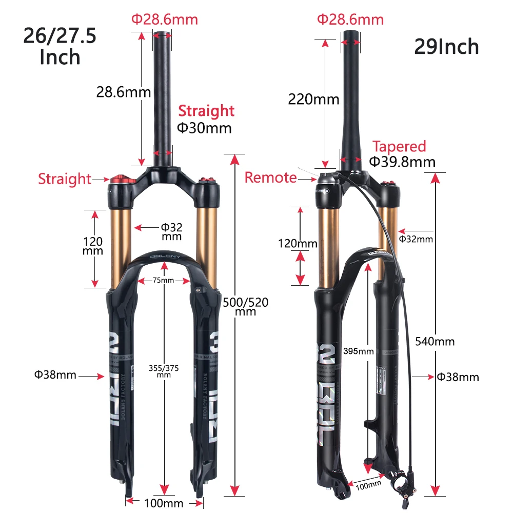 Bicicleta de montanha BOLANY com suspensão a ar de 26/27,5/29 polegadas, garfo de bicicleta com suspensão a ar e óleo de 120 mm, liberação rápida de 29 polegadas, acessórios para bicicleta MTB