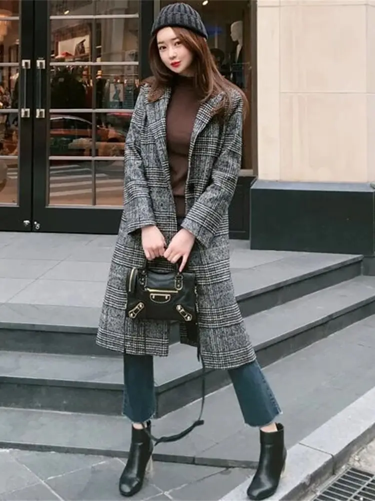 Pokiha-jaqueta feminina com gola de lapela xadrez, casaco manga comprida,  botão frontal, casacos femininos, tops chiques, vintage e elegante, nova  moda - AliExpress