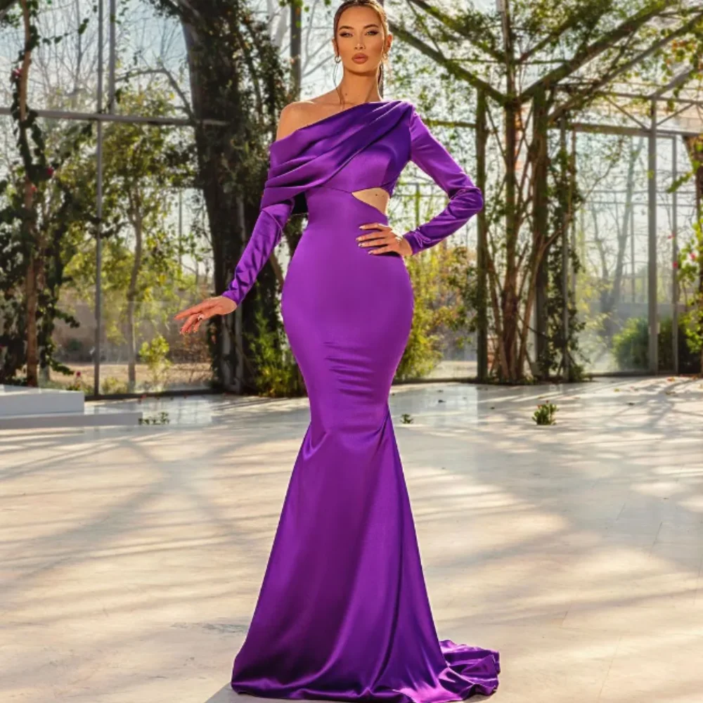 

Simple Purple 2024 New Off Shoulder Mermaid Long Sleeves Party Prom Gowns Pleated Custom Sheath Robes De Mariee Formal Occassion