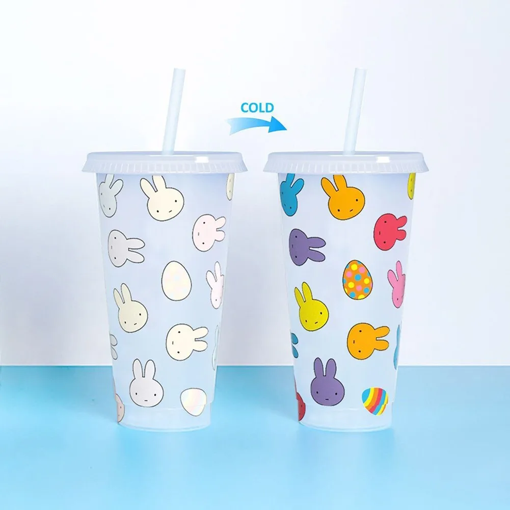 

710ML Easter Plastic Color Changing Straw Cup Transparent White Reusable Food Grade PP Straw Cup With Lid And Straw 18x10x6cm