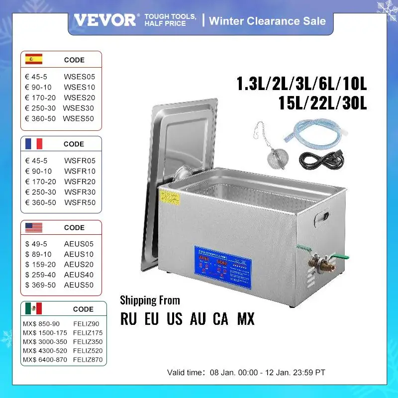 Vevor Nettoyeur À Ultrasons 2l 3l 6l 10l 15l 22l 30l Nettoyeur