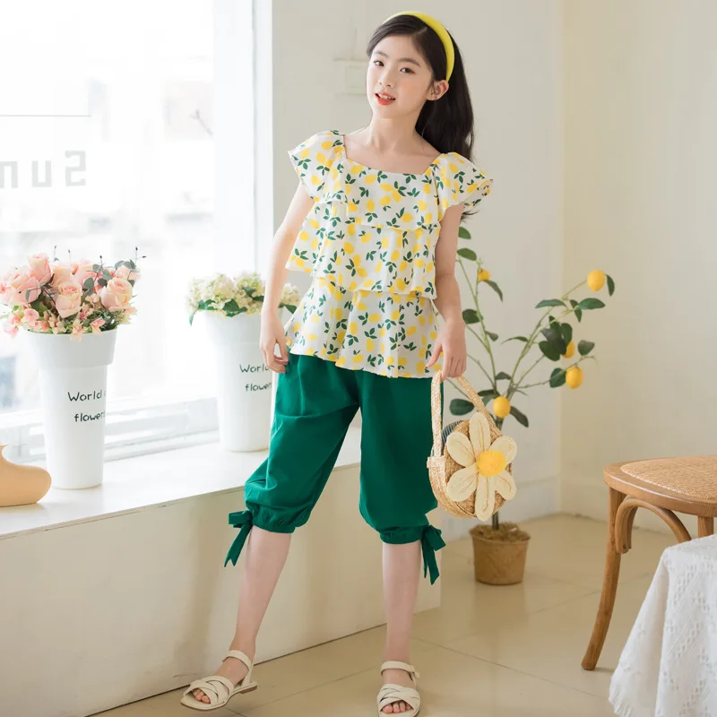 

2024 Korean Summer Children Girl 2PCS Clothes Set Junior Girl Flower Printed Shirt+Casual Cropped Pants Set For Girls 4-12Yrs