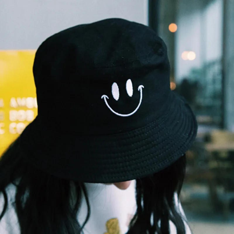 

Women's Smile Face Embroidery Bucket Hats for Men Bob Spring Summer Girl Panama Hip Hop Caps Beach Fishing Fisherman Hat 2022