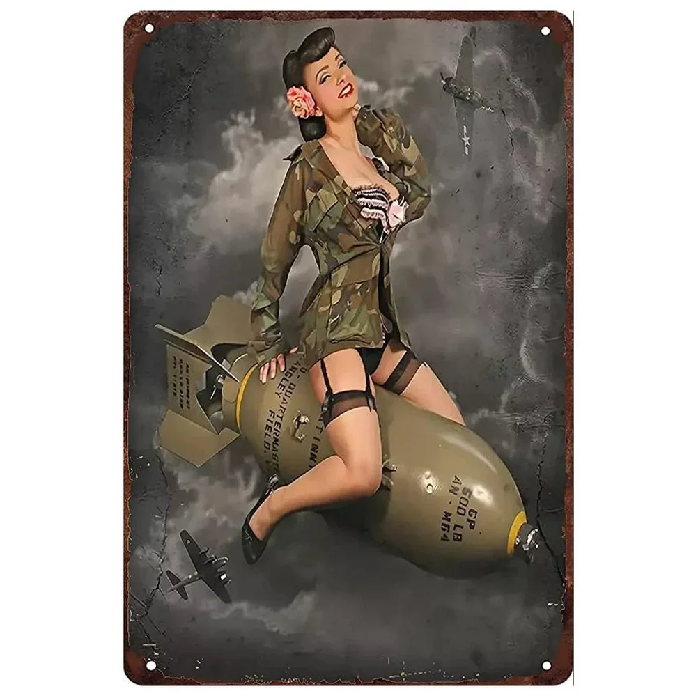 Pin Up Girl Tin Sign - Rustic Military Poster With Bikini Army Girl, Vintage Wall Decor For Man Cave, Bar, Garage