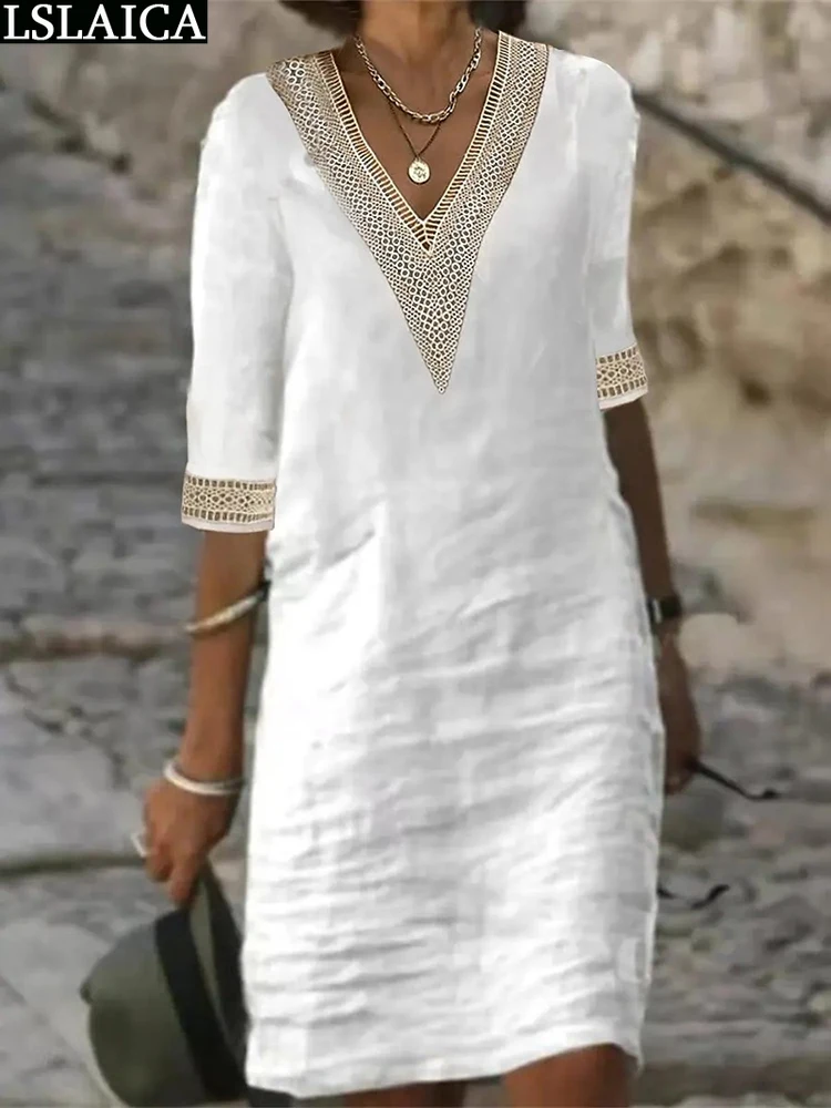 

Повседневные платья для женщин, летняя мода, v-образный вырез, половина рукава, женское платье средней длины, однотонное, свободная талия, женская одежда 2024 Vestidos