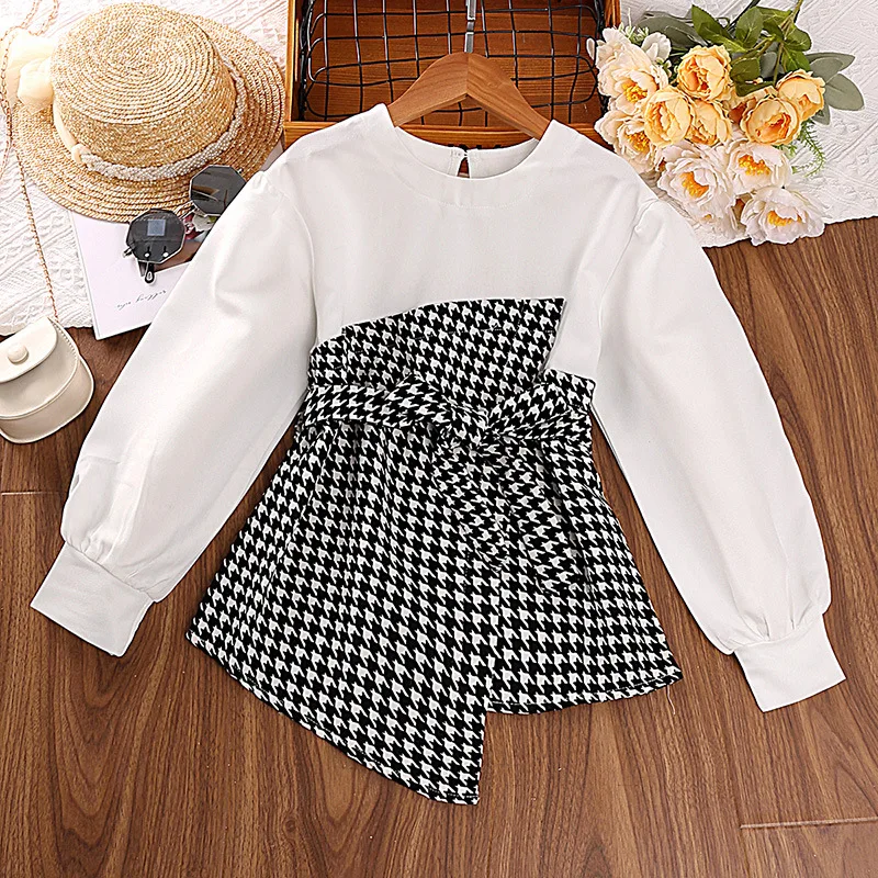 Casual Kids Shirts for Girls Spring Autumn New Child Long Sleeve Houndstooth Patched Irregular Hem Tops with Belt Clothing