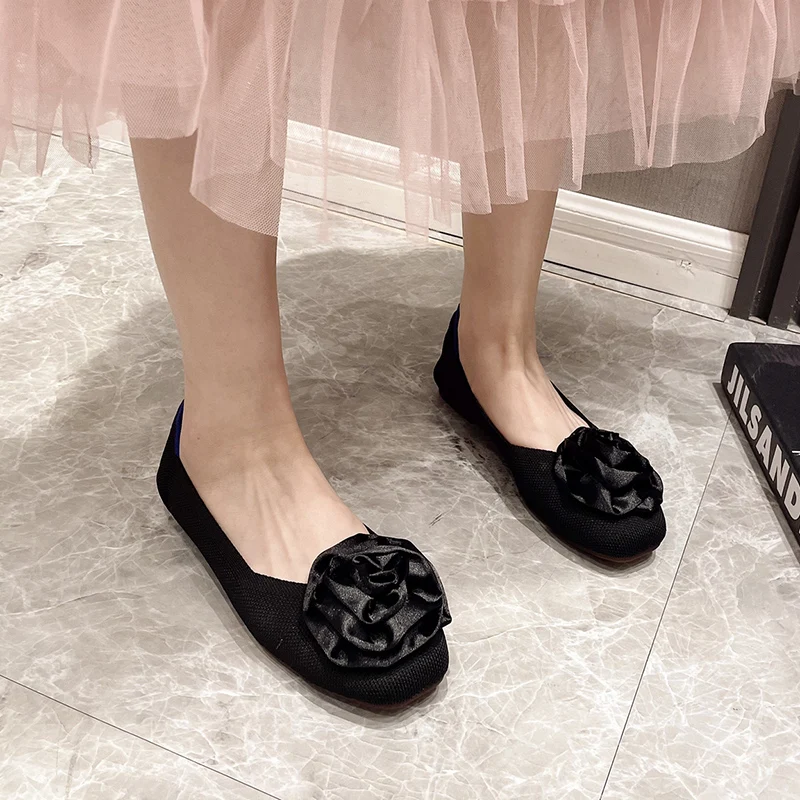 ZOOKERLIN Spring Autumn Flats Shoes For Women Solid Color Knitted Breathable Rubber Non Slip Sole Latex Insole Work Shoes Flower